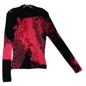 ALBERTO MAKALI Sweater S Black-Red Mock-Neck Sequin-Floral-Print Long-Sleeve